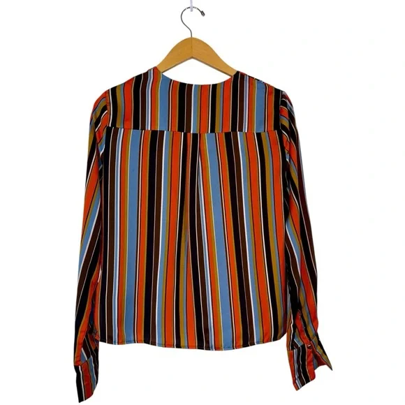 ASTR The Label Doreen Orange Multi Striped Satin Button-Up Long Sleeve Top Sz XS - Picture 3 of 10